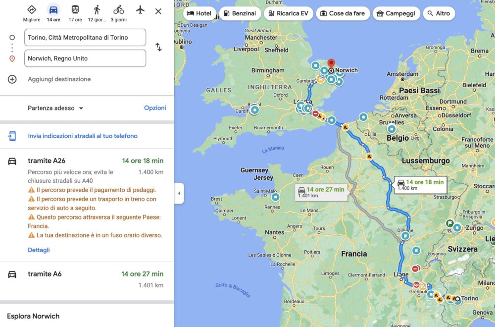 Percorso di Google Maps tra Torino e Norwich
