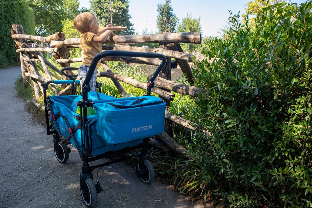 Baby blogger sul carrello pieghevole FUXTEC CT-850 al parco Zoom Torino