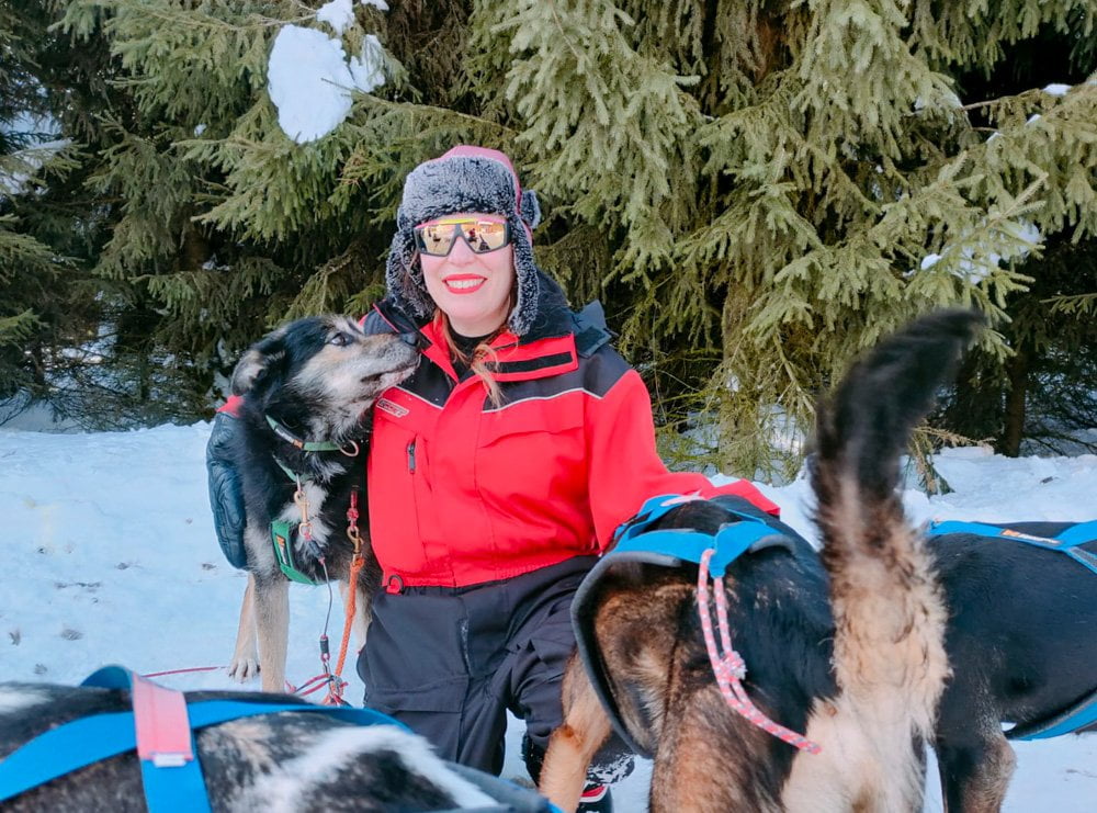 Paola Bertoni con gli husky addestrati per sleddog di Vuokatti Safaris