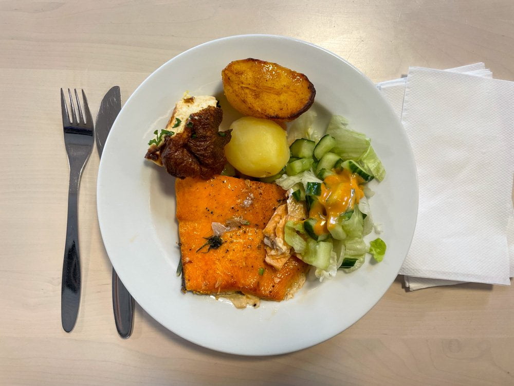 Piatto di pesce e verdure al ristorante self-service Vuokatti Sport Restaurant a Vuokatti, Finlandia