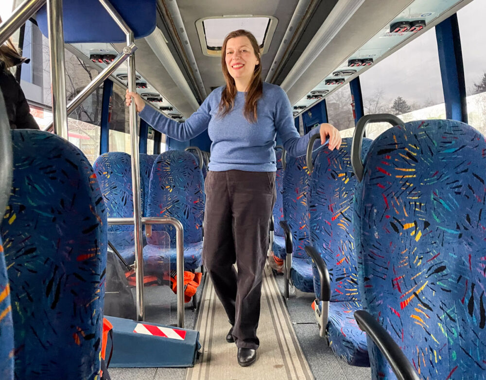 Paola Bertoni a bordo del RiverRide Floating Bus, il bus anfibio di Budapest