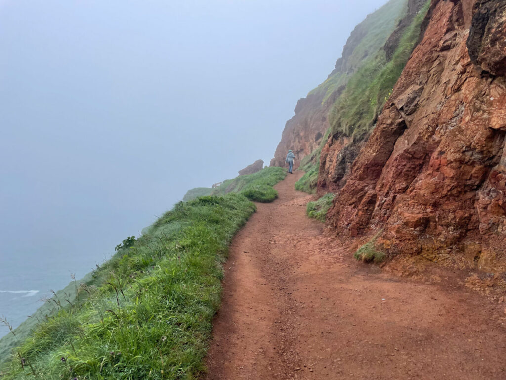 Strato di laterite (roccia rossa) visibile lungo un sentiero del Selciato del Gigante, in Irlanda del Nord