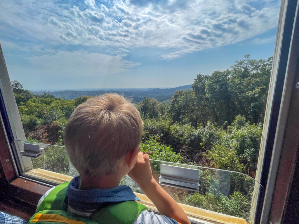 Ben Bertoni affacciato al finestrino di un treno della Ferrovia dei Bambini di Budapest