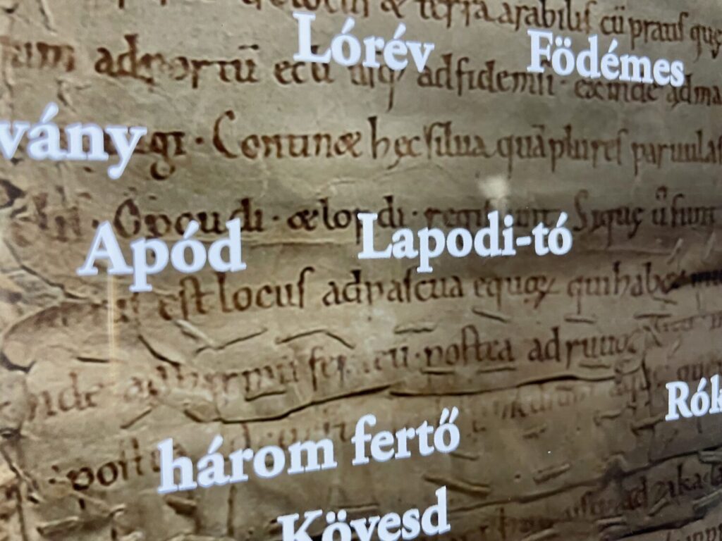 Parole ungheresi evidenziate sulla Carta dell'Abbazia di Tihany