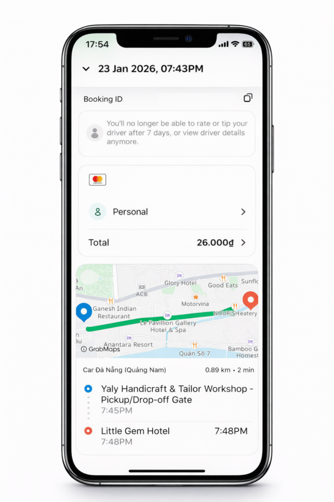 Schermata di prenotazione di una mia corsa su Grab con mappa e prezzo pagato