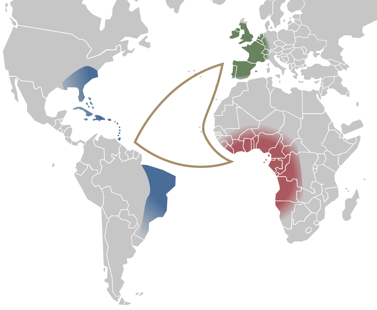 Mappa del 'triangle trade' o commercio triangolare