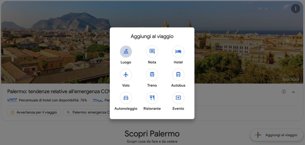 Opzione aggiungi al viaggio nel viaggio a Palermo creato con Google Viaggi