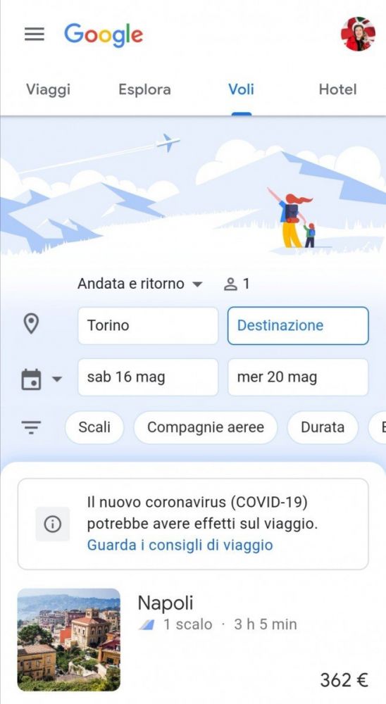 Versione mobile per cellulare di Google Voli Google Flights