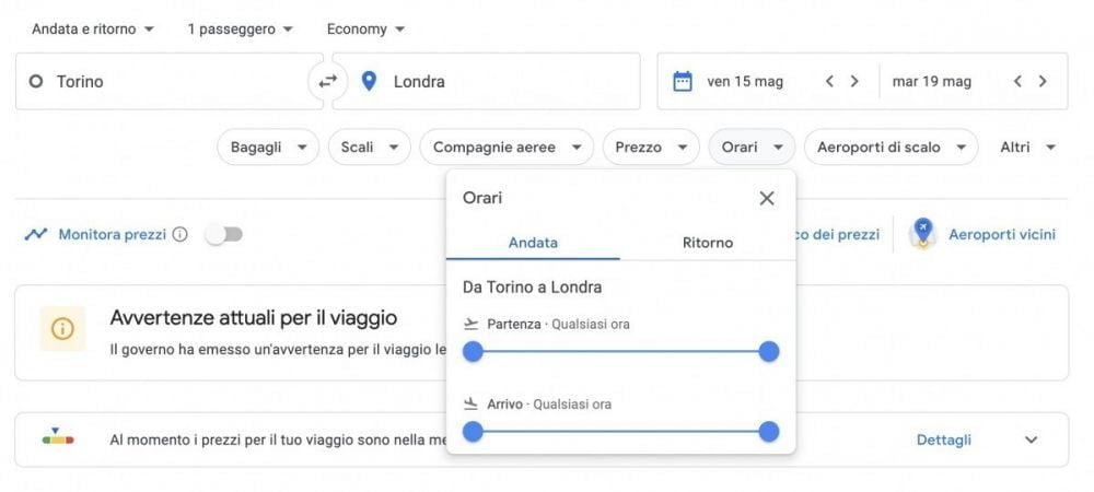 Filtri di ricerca di Google Voli Google Flights