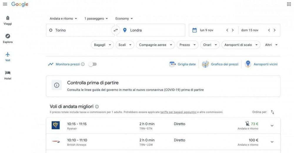 Home page pagina iniziale di Google Voli Google Flights