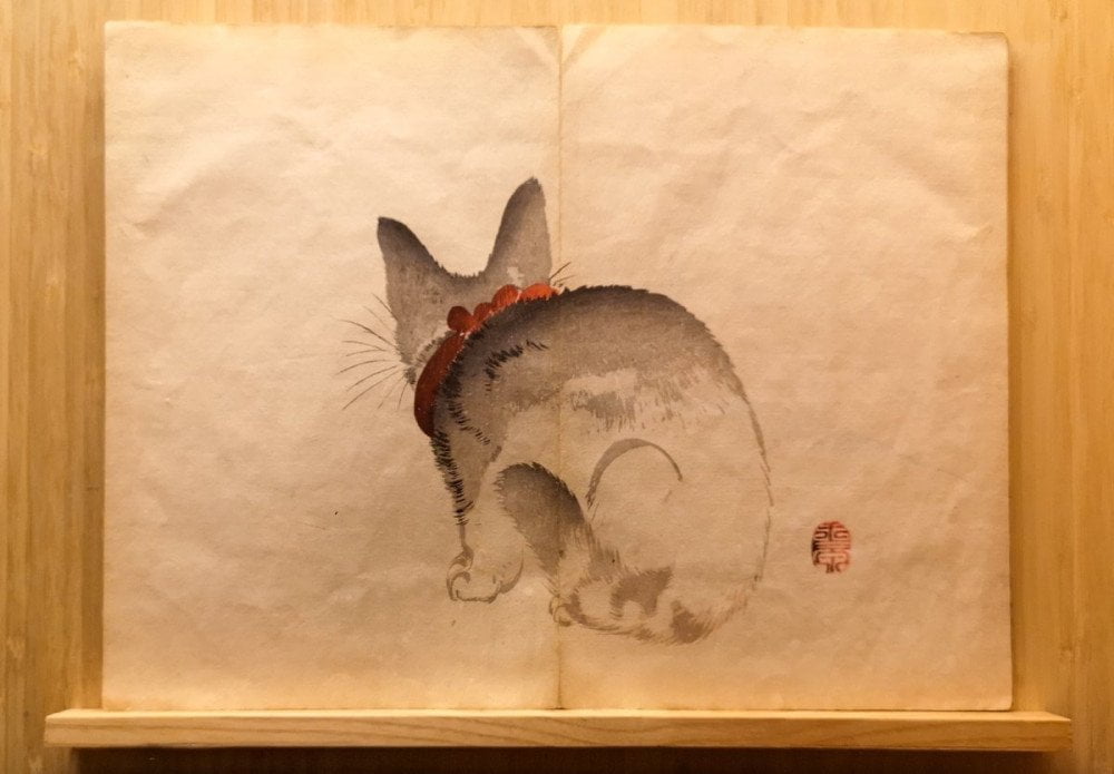 Gattino disegnato nel libro illustrato giapponese Gyokusen Shuga Cho del periodo Meiji esposto al MAO Museo d'Arte Orientale di Torino