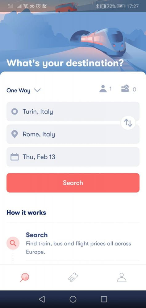 Screenshot ricerca viaggio Torino Roma sull'app mobile di Omio