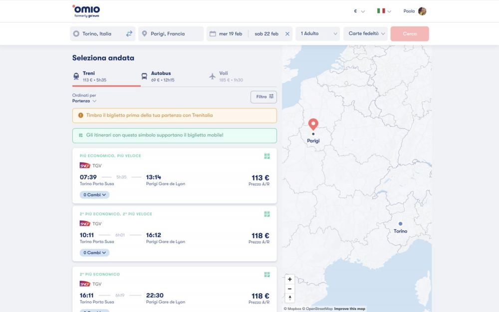 Risultati ricerca viaggio da Torino a Parigi su Omio