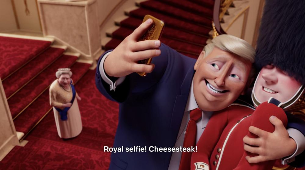 Selfie di Donald Trump con la Guardia Reale nel film d'animazione The Queen's Corgi