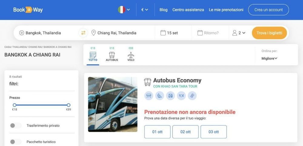Schermata di ricerca di Bookaway