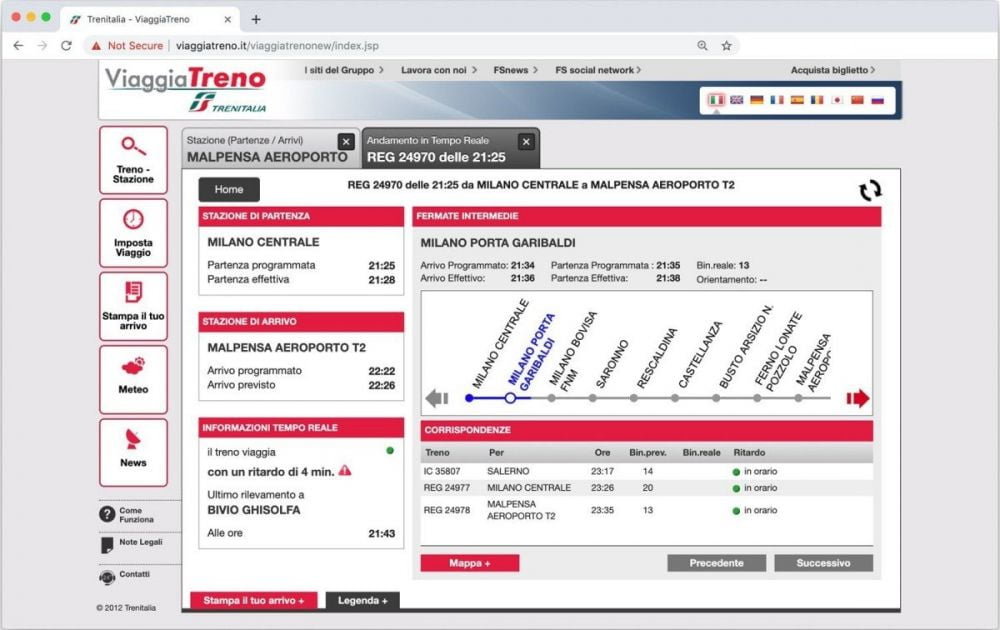 Dettaglio in tempo reale di un treno sulla linea Milano-Malpensa dal servizio ViaggiaTreno di Trenitalia