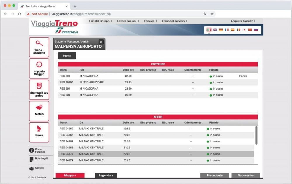 I treni in partenza e arrivo dalla stazione ferroviaria di Malpensa Terminal 2 sul servizio ViaggiaTreno di Trenitalia