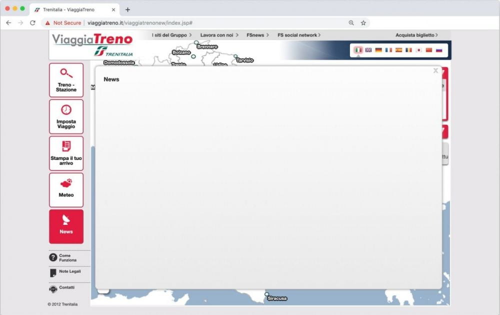 La pagina delle News del servizio ViaggiaTreno di Trenitalia quando non ci sono segnalazioni attive
