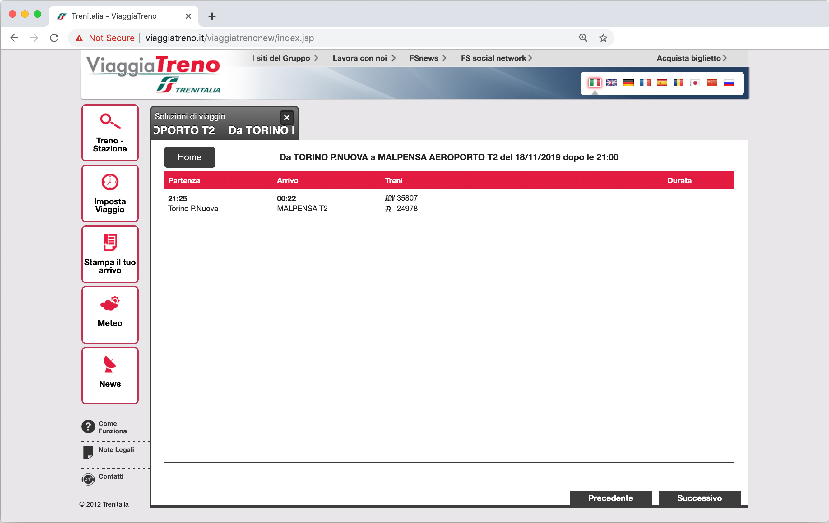 Esempio di soluzioni di viaggio che offre la funzione Imposta Viaggio del servizio ViaggiaTreno di Trenitalia