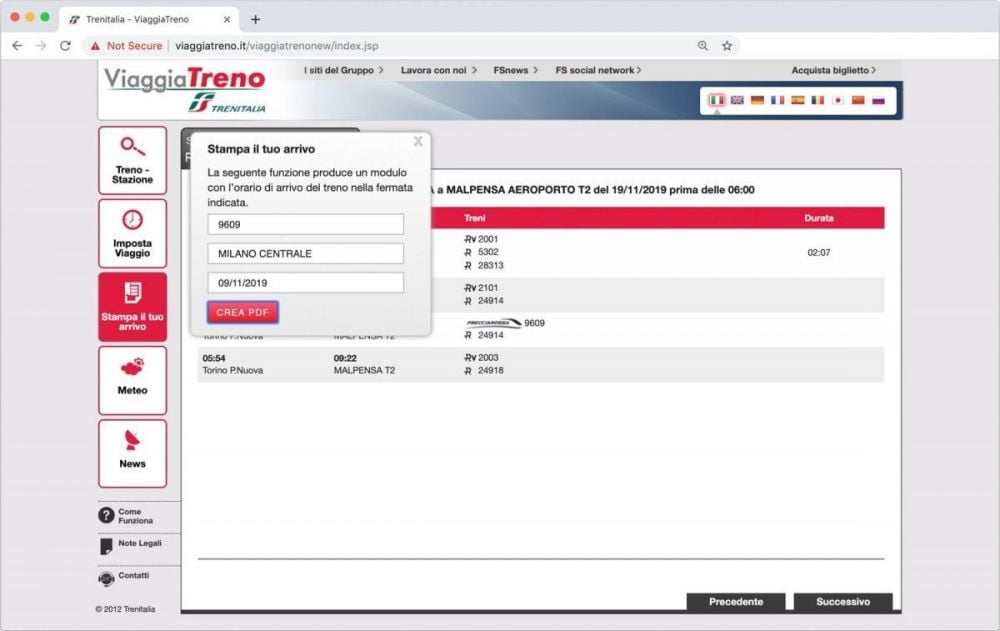 La funzione Stampa il tuo arrivo del servizio ViaggiaTreno di Trenitalia