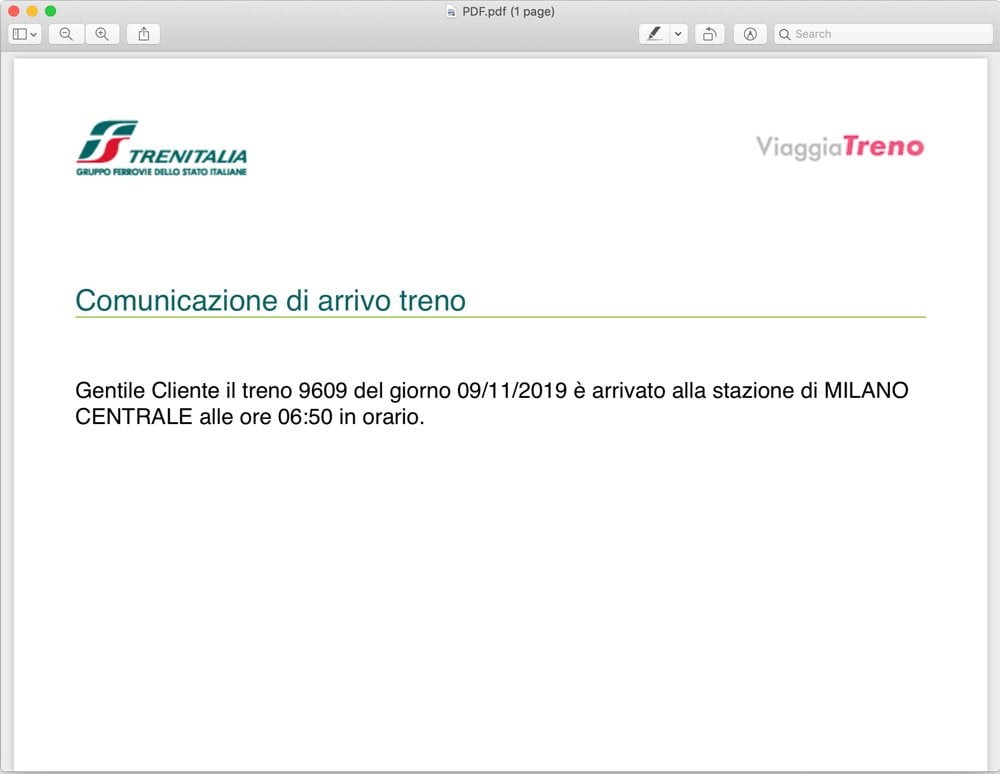Il file PDF stampato dalla funzione Stampa il tuo arrivo del servizio ViaggiaTreno di Trenitalia