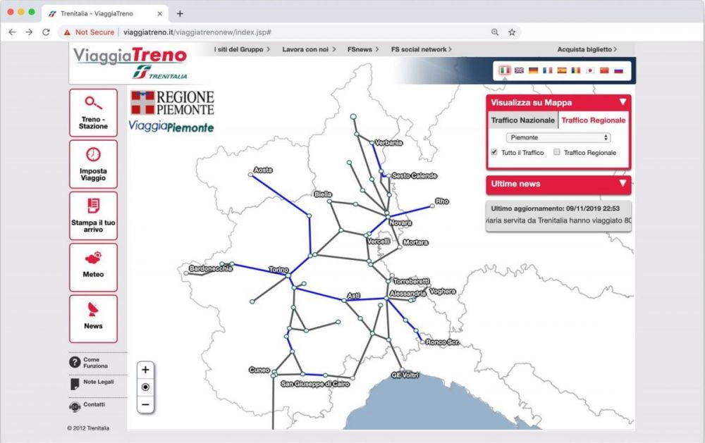 Rete ferroviaria regionale del Piemonte sul servizio ViaggiaTreno di Trenitalia