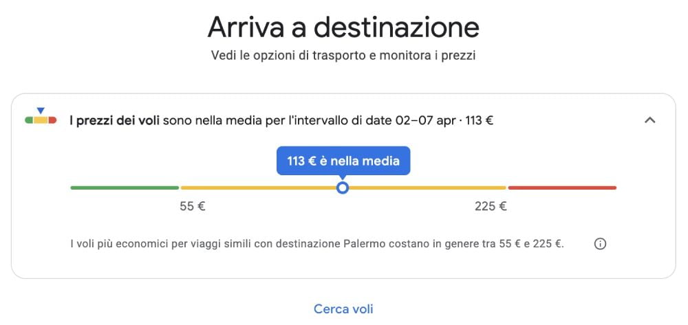 Ricerca e media dei prezzi di voli e trasporti per un viaggio a Palermo creato con Google Viaggi
